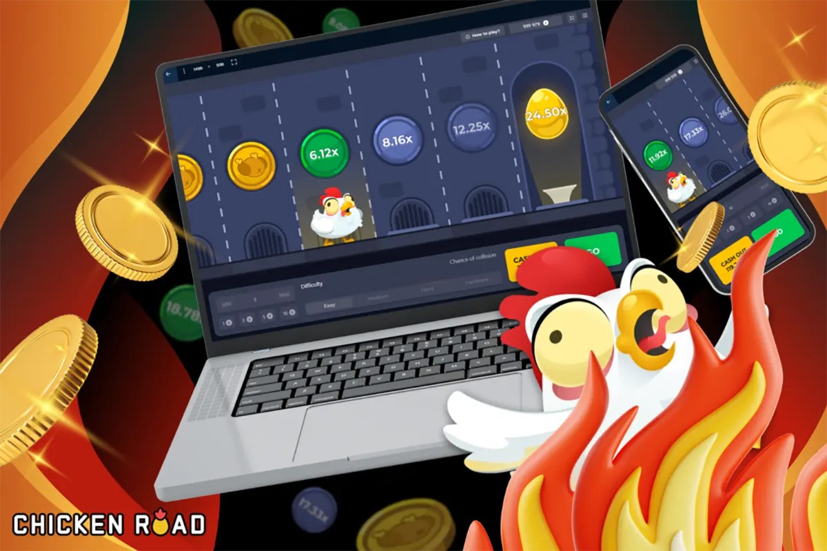 Promotional Chicken Road graphic showing the game running on a laptop and smartphone with multiplier coins on screen, surrounded by floating gold coins, with a cartoon chicken and flames in the foreground and the Chicken Road logo in the corner.