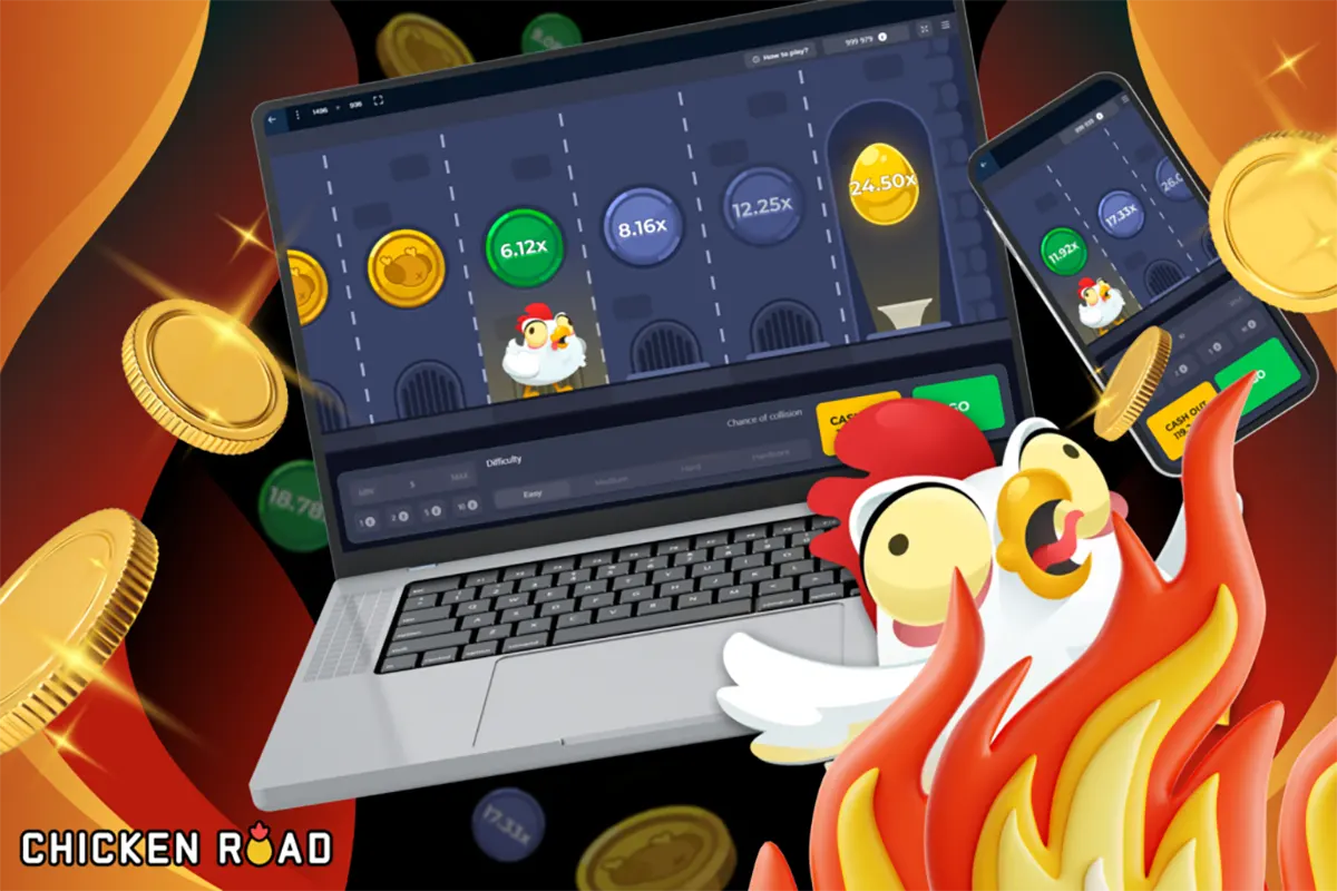 Promotional Chicken Road graphic showing the game running on a laptop and smartphone with multiplier coins on screen, surrounded by floating gold coins, with a cartoon chicken and flames in the foreground and the Chicken Road logo in the corner.