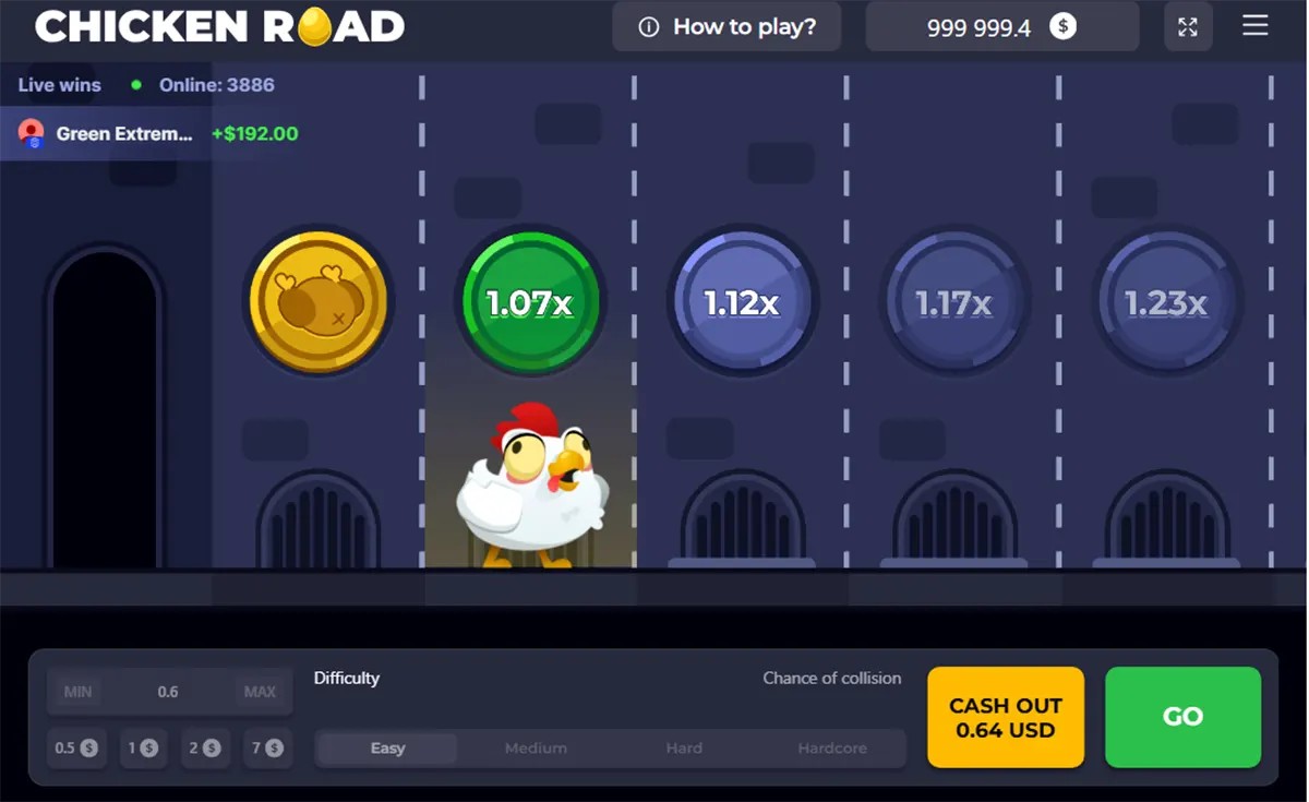 Screenshot of the Chicken Road game showing a cartoon chicken on a highlighted lane under a 1.07x multiplier coin, with upcoming multipliers (1.12x, 1.17x, 1.23x) across the road, live wins and online player count at the top, and bottom controls including difficulty settings, a yellow “Cash Out 0.64 USD” button, and a green “GO” button.