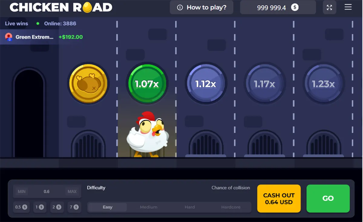 Screenshot of the Chicken Road game showing a cartoon chicken on a highlighted lane under a 1.07x multiplier coin, with upcoming multipliers (1.12x, 1.17x, 1.23x) across the road, live wins and online player count at the top, and bottom controls including difficulty settings, a yellow “Cash Out 0.64 USD” button, and a green “GO” button.